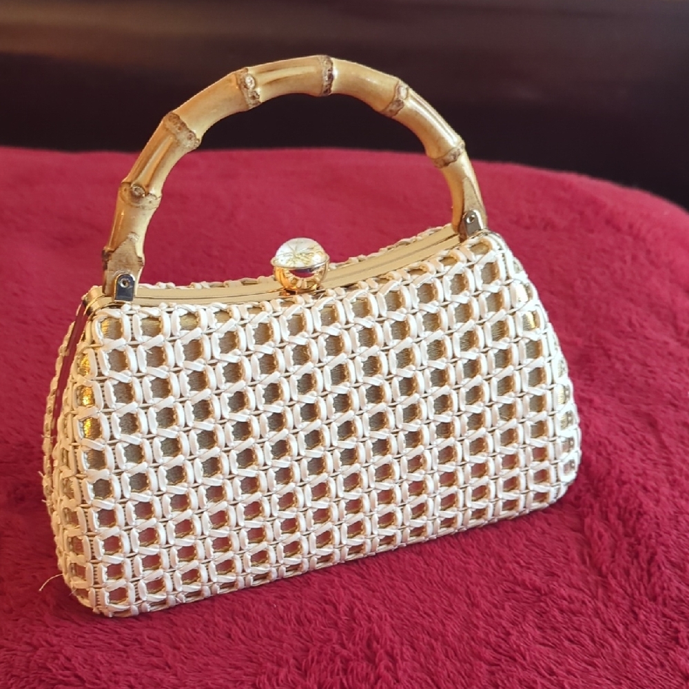 Tommy Bahama Cream Woven Clutch with Bamboo Handle